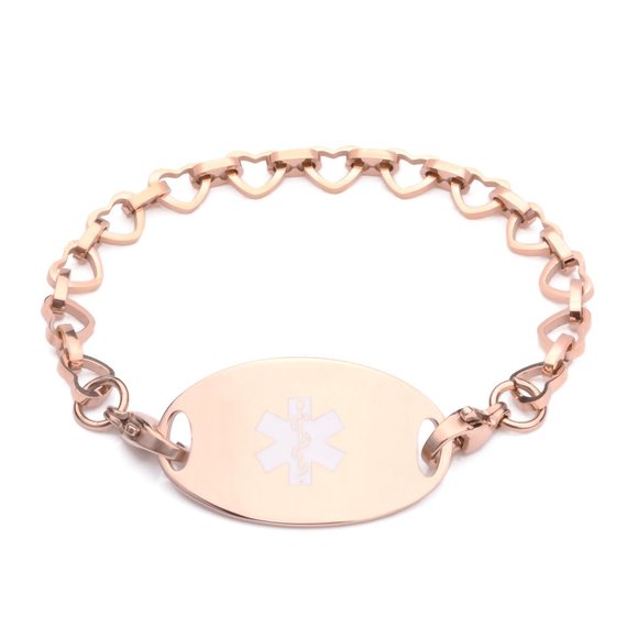 Rose Gold Mini Open Heart Strand Bracelet with Medical Tag - Picture 1 of 2